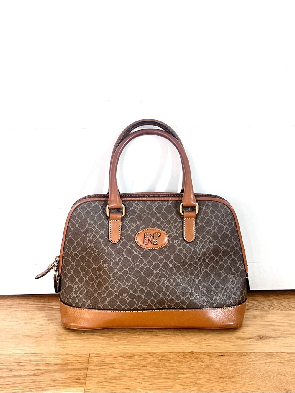 Vintage Nina Ricci Bag Brown Patterned Dome Satchel with Tan Leather Trim